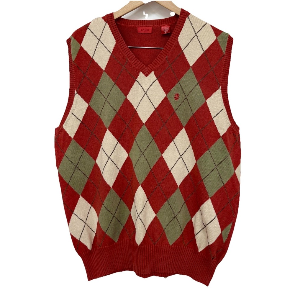 Izod Sweater Vest Mens L Sleeveless Multi Argyle Casual Knit Layering Old Money